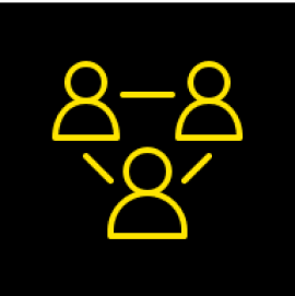 Yellow icon of three people with lines connecting them. The icon is on a black background.