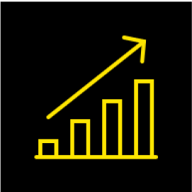 Yellow bar graph icon with an arrow pointing up and to the right showing a growth trend. The icon is on a black background.